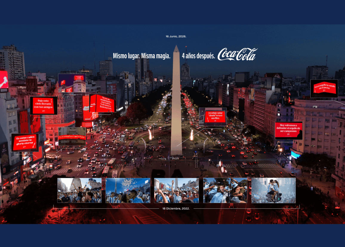 Portada de Coca-Cola Argentina tiñó de rojo las pantallas del Obelisco